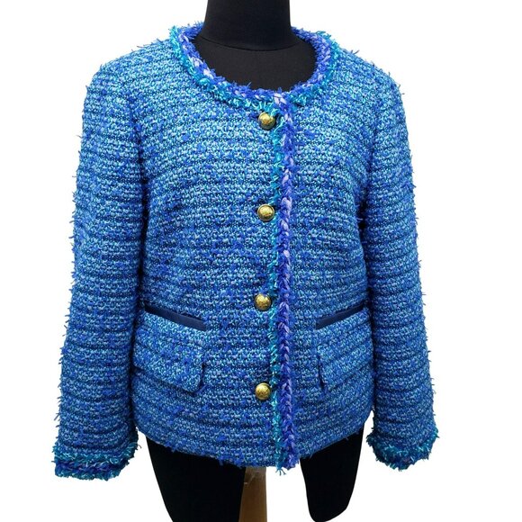J Crew Collection Blue English Tweed Boucle Lady Jacket Blazer Gold Buttons - Picture 2 of 14